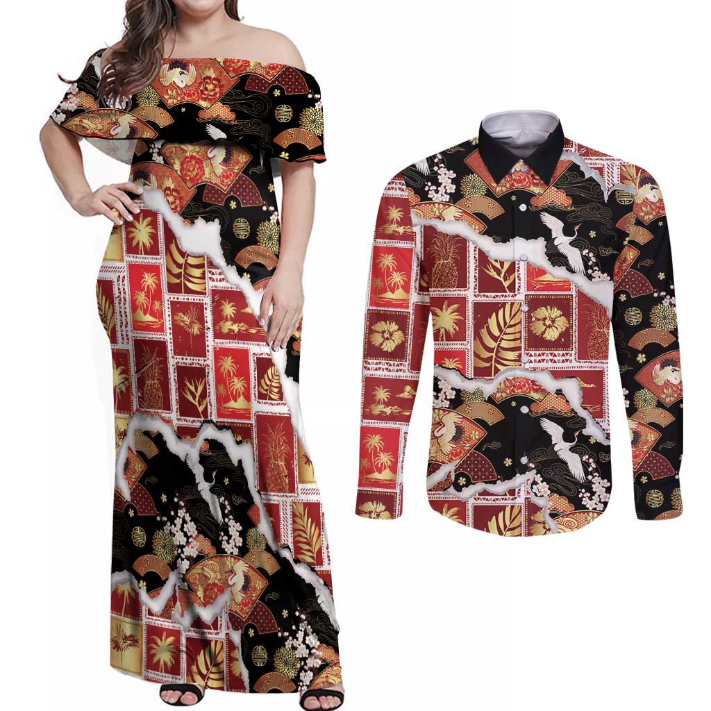 Hawaii Japanese Culture Black Couples Matching Off Shoulder Maxi Dress and Long Sleeve Button Shirt Spring Cranes Aloha Pattern