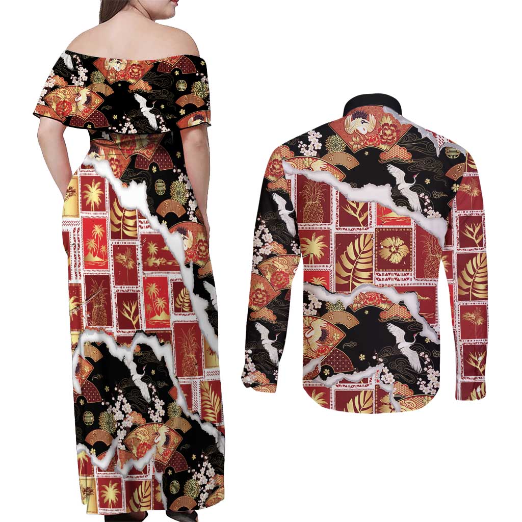 Hawaii Japanese Culture Black Couples Matching Off Shoulder Maxi Dress and Long Sleeve Button Shirt Spring Cranes Aloha Pattern