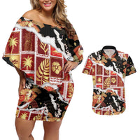 Hawaii Japanese Culture Black Couples Matching Off Shoulder Short Dress and Hawaiian Shirt Spring Cranes Aloha Pattern LT01 Black - Polynesian Pride