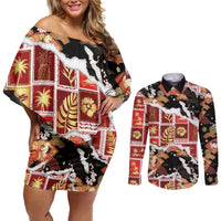 Hawaii Japanese Culture Black Couples Matching Off Shoulder Short Dress and Long Sleeve Button Shirt Spring Cranes Aloha Pattern LT01 Black - Polynesian Pride
