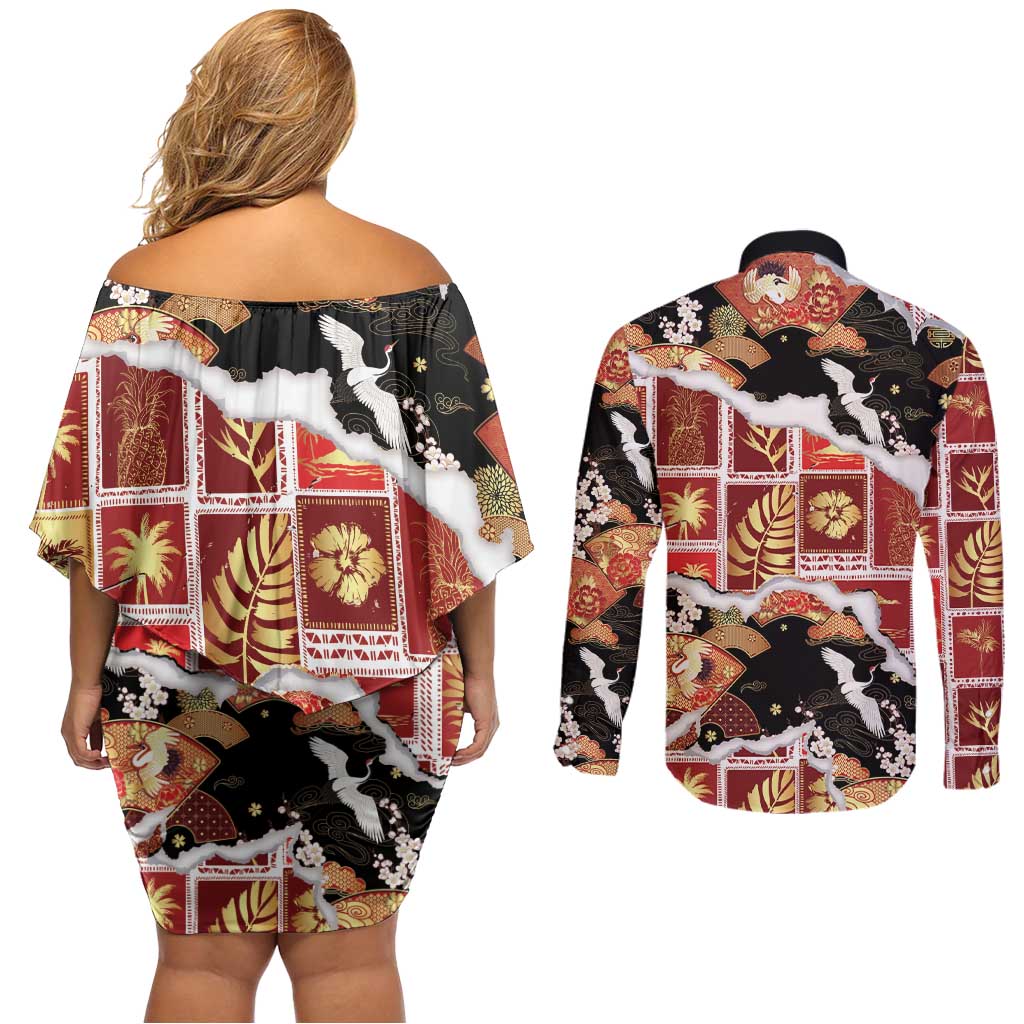 Hawaii Japanese Culture Black Couples Matching Off Shoulder Short Dress and Long Sleeve Button Shirt Spring Cranes Aloha Pattern LT01 - Polynesian Pride