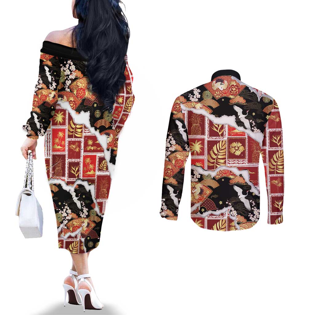 Hawaii Japanese Culture Black Couples Matching Off The Shoulder Long Sleeve Dress and Long Sleeve Button Shirt Spring Cranes Aloha Pattern LT01 - Polynesian Pride
