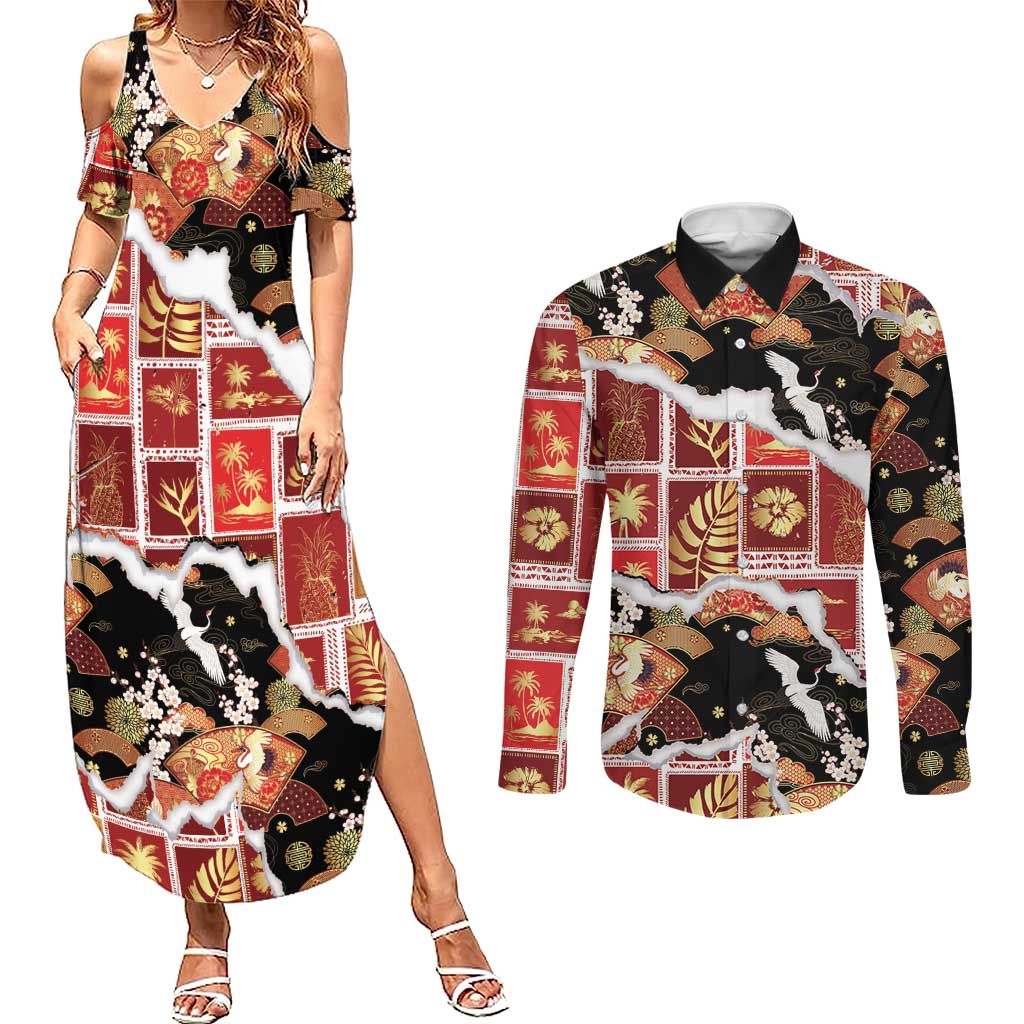 Hawaii Japanese Culture Black Couples Matching Summer Maxi Dress and Long Sleeve Button Shirt Spring Cranes Aloha Pattern LT01 Black - Polynesian Pride