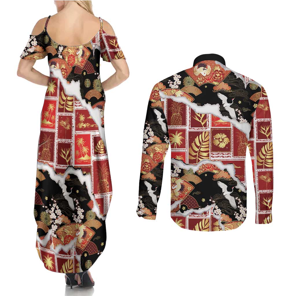 Hawaii Japanese Culture Black Couples Matching Summer Maxi Dress and Long Sleeve Button Shirt Spring Cranes Aloha Pattern LT01 - Polynesian Pride