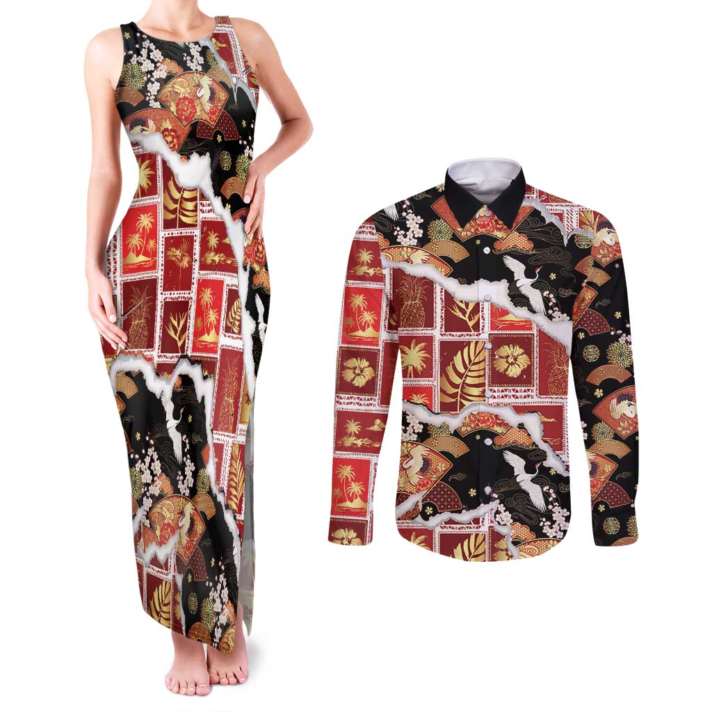 Hawaii Japanese Culture Black Couples Matching Tank Maxi Dress and Long Sleeve Button Shirt Spring Cranes Aloha Pattern