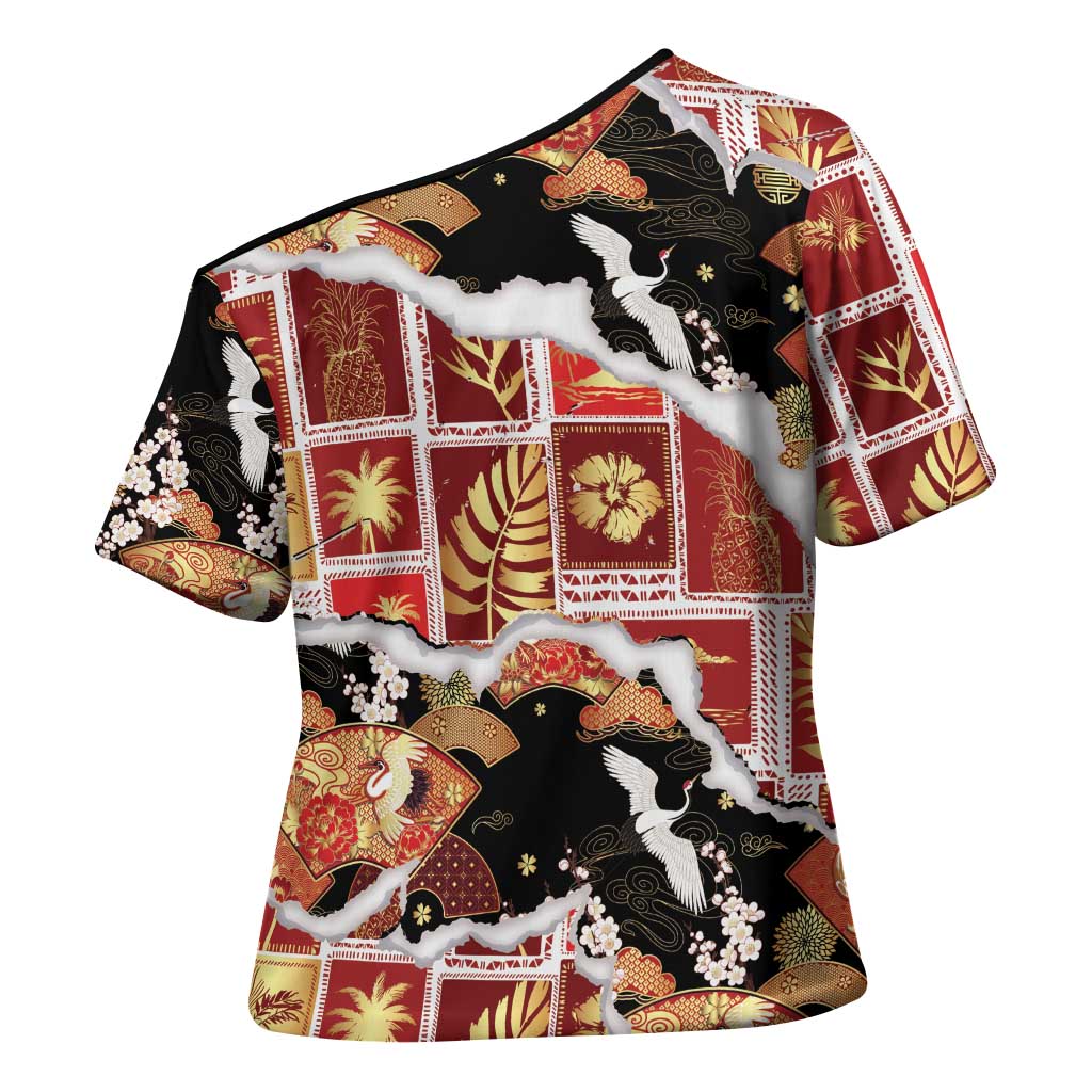 Hawaii Japanese Culture Black Cross Shoulder Shirt Spring Cranes Aloha Pattern LT01 - Polynesian Pride