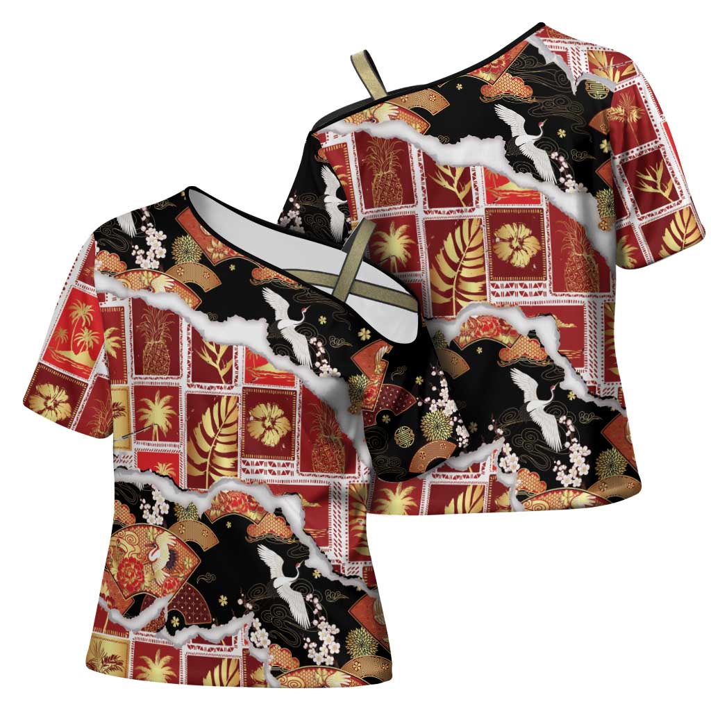 Hawaii Japanese Culture Black Cross Shoulder Shirt Spring Cranes Aloha Pattern LT01 - Polynesian Pride