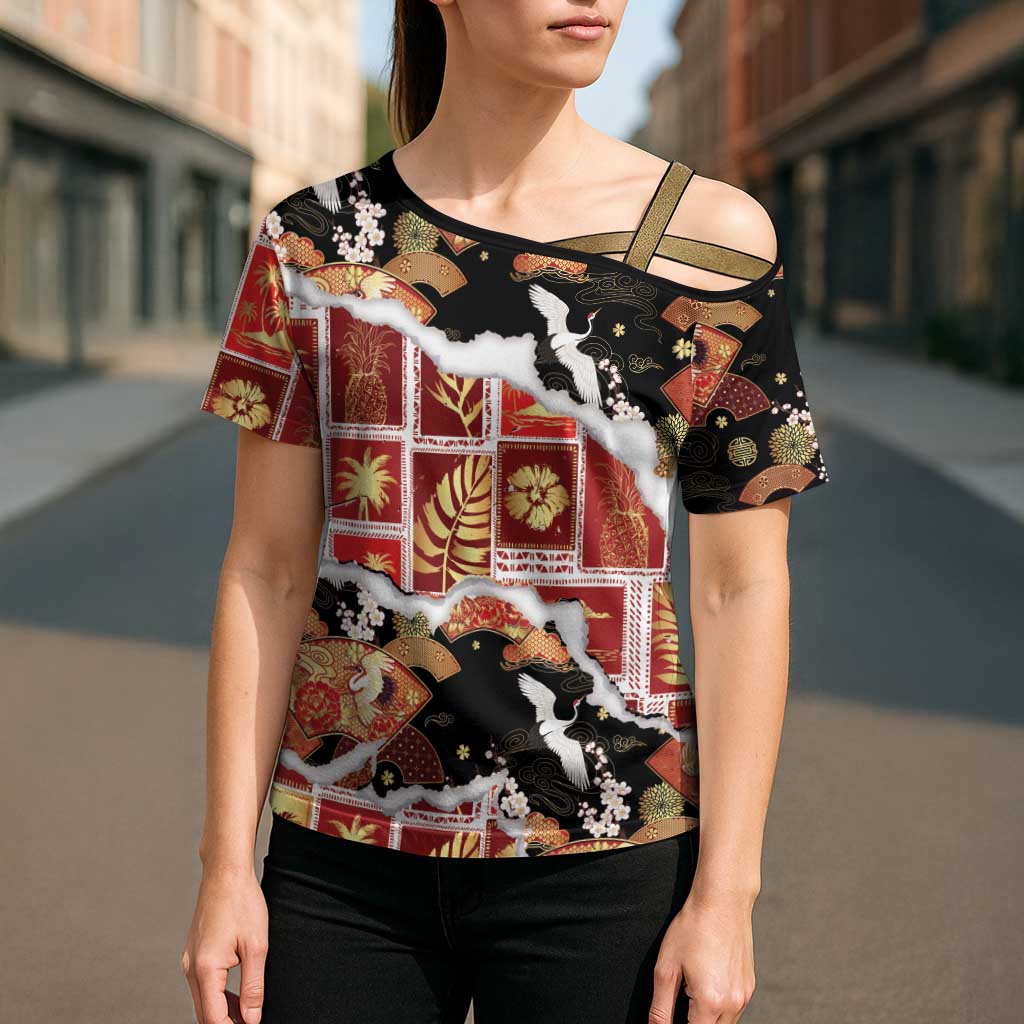 Hawaii Japanese Culture Black Cross Shoulder Shirt Spring Cranes Aloha Pattern LT01 - Polynesian Pride