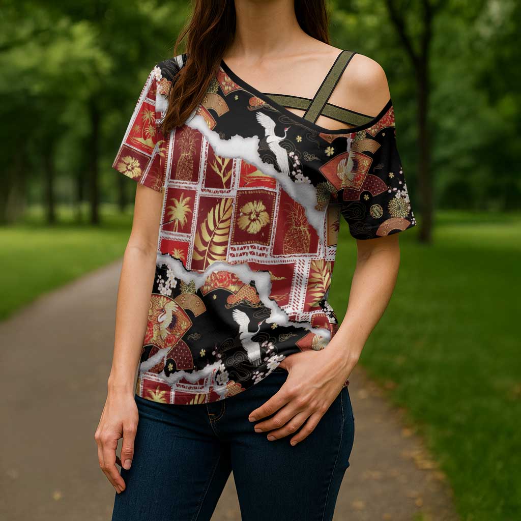 Hawaii Japanese Culture Black Cross Shoulder Shirt Spring Cranes Aloha Pattern LT01 - Polynesian Pride