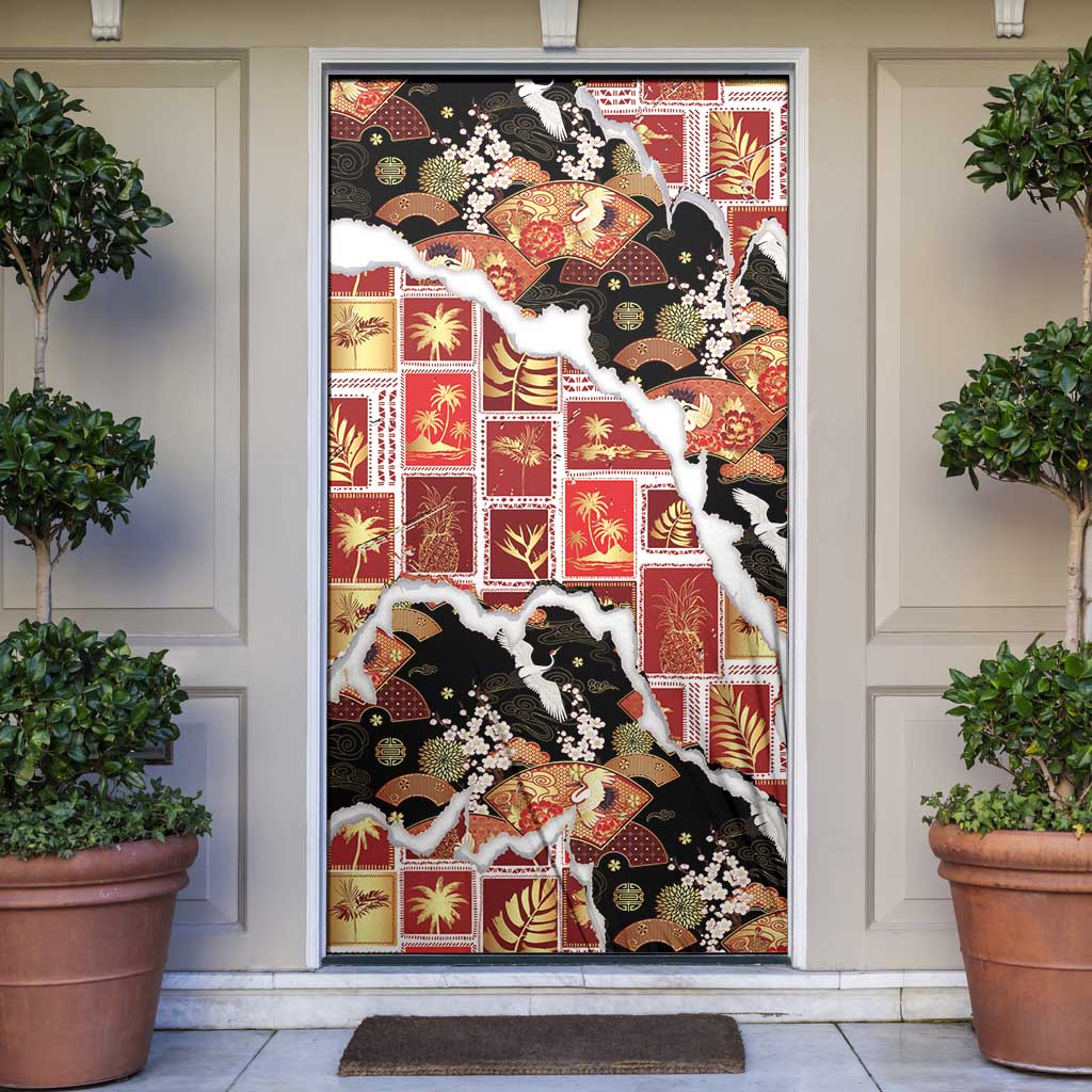 Hawaii Japanese Culture Black Door Cover Spring Cranes Aloha Pattern LT01 Black - Polynesian Pride