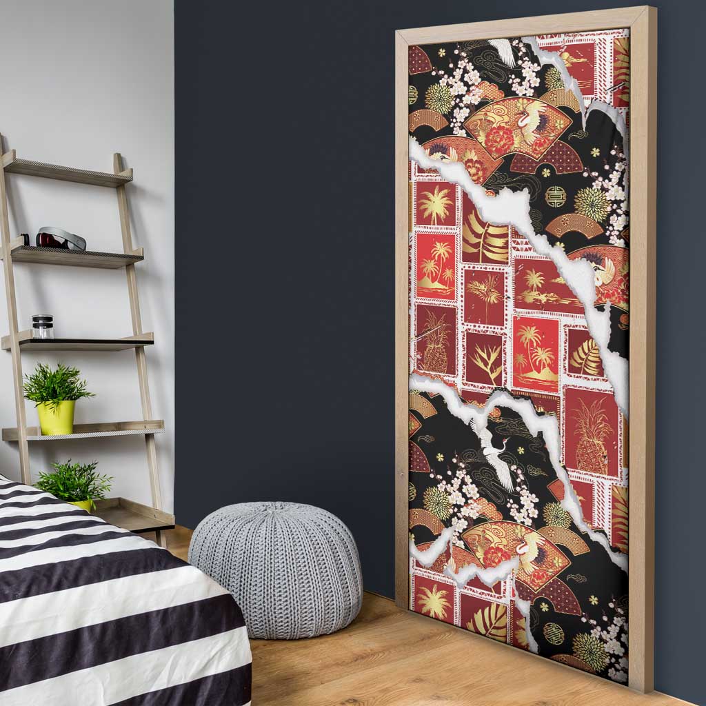 Hawaii Japanese Culture Black Door Cover Spring Cranes Aloha Pattern LT01 - Polynesian Pride