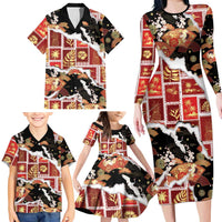 Hawaii Japanese Culture Black Family Matching Long Sleeve Bodycon Dress and Hawaiian Shirt Spring Cranes Aloha Pattern