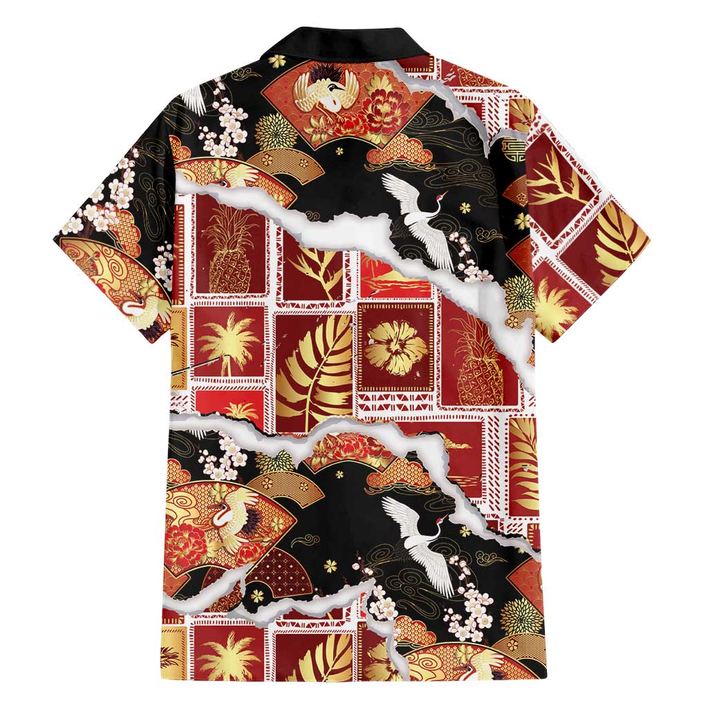 Hawaii Japanese Culture Black Family Matching Long Sleeve Bodycon Dress and Hawaiian Shirt Spring Cranes Aloha Pattern