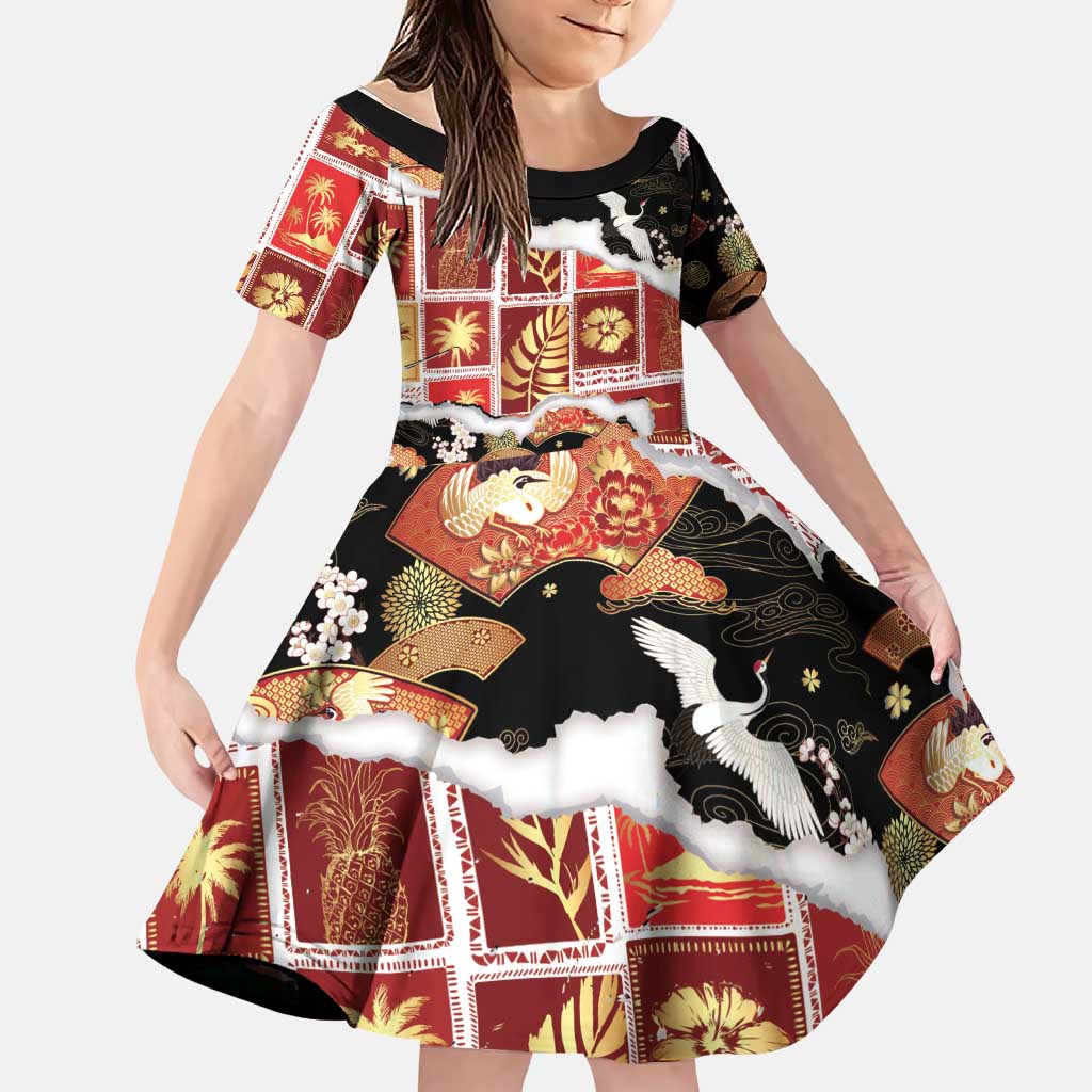 Hawaii Japanese Culture Black Family Matching Off The Shoulder Long Sleeve Dress and Hawaiian Shirt Spring Cranes Aloha Pattern