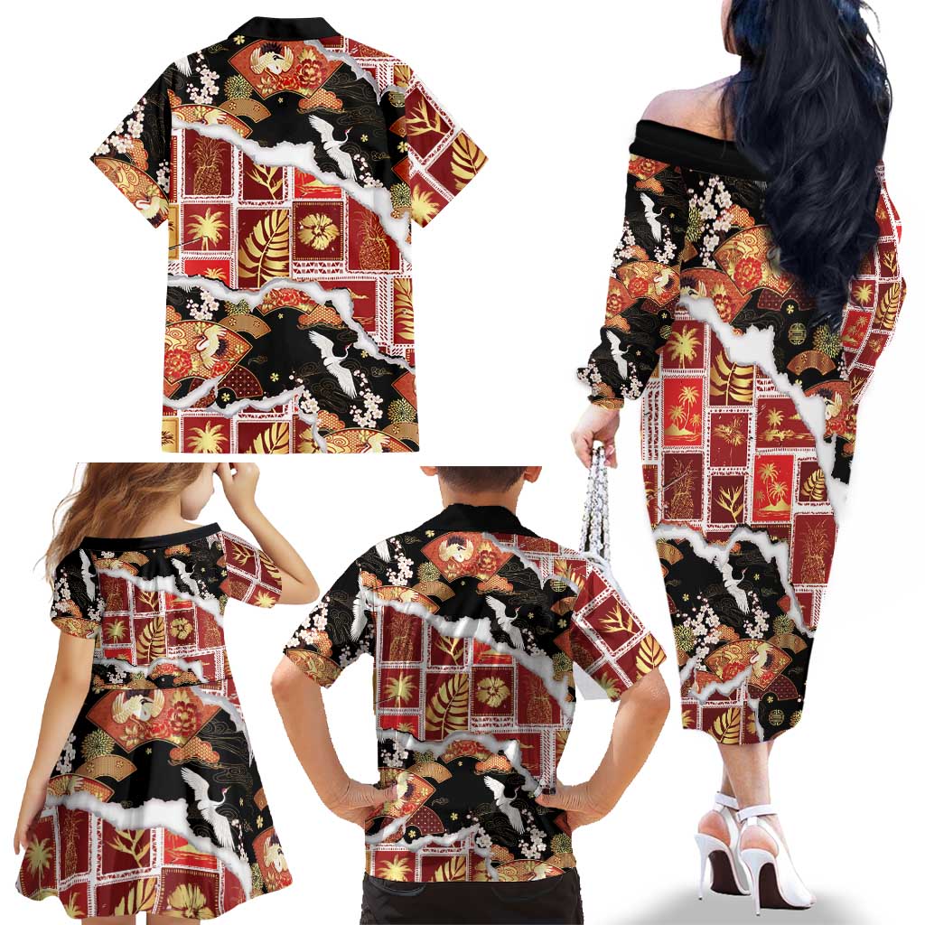 Hawaii Japanese Culture Black Family Matching Off The Shoulder Long Sleeve Dress and Hawaiian Shirt Spring Cranes Aloha Pattern