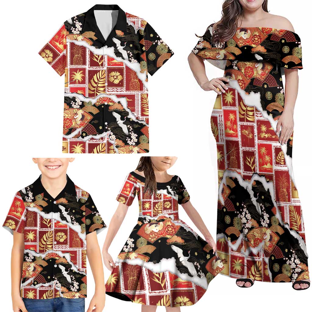 Hawaii Japanese Culture Black Family Matching Off Shoulder Maxi Dress and Hawaiian Shirt Spring Cranes Aloha Pattern LT01 - Polynesian Pride