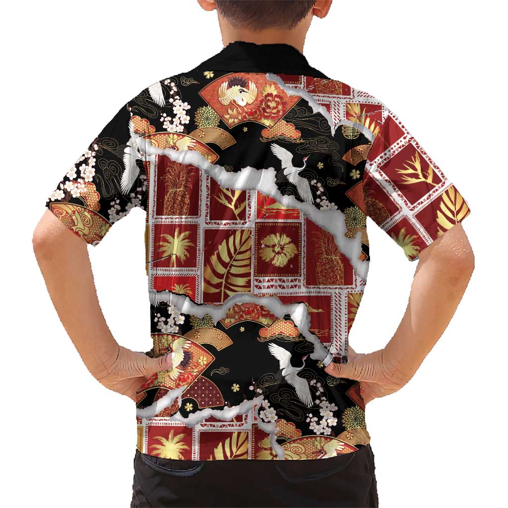 Hawaii Japanese Culture Black Family Matching Off Shoulder Short Dress and Hawaiian Shirt Spring Cranes Aloha Pattern