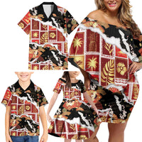 Hawaii Japanese Culture Black Family Matching Off Shoulder Short Dress and Hawaiian Shirt Spring Cranes Aloha Pattern