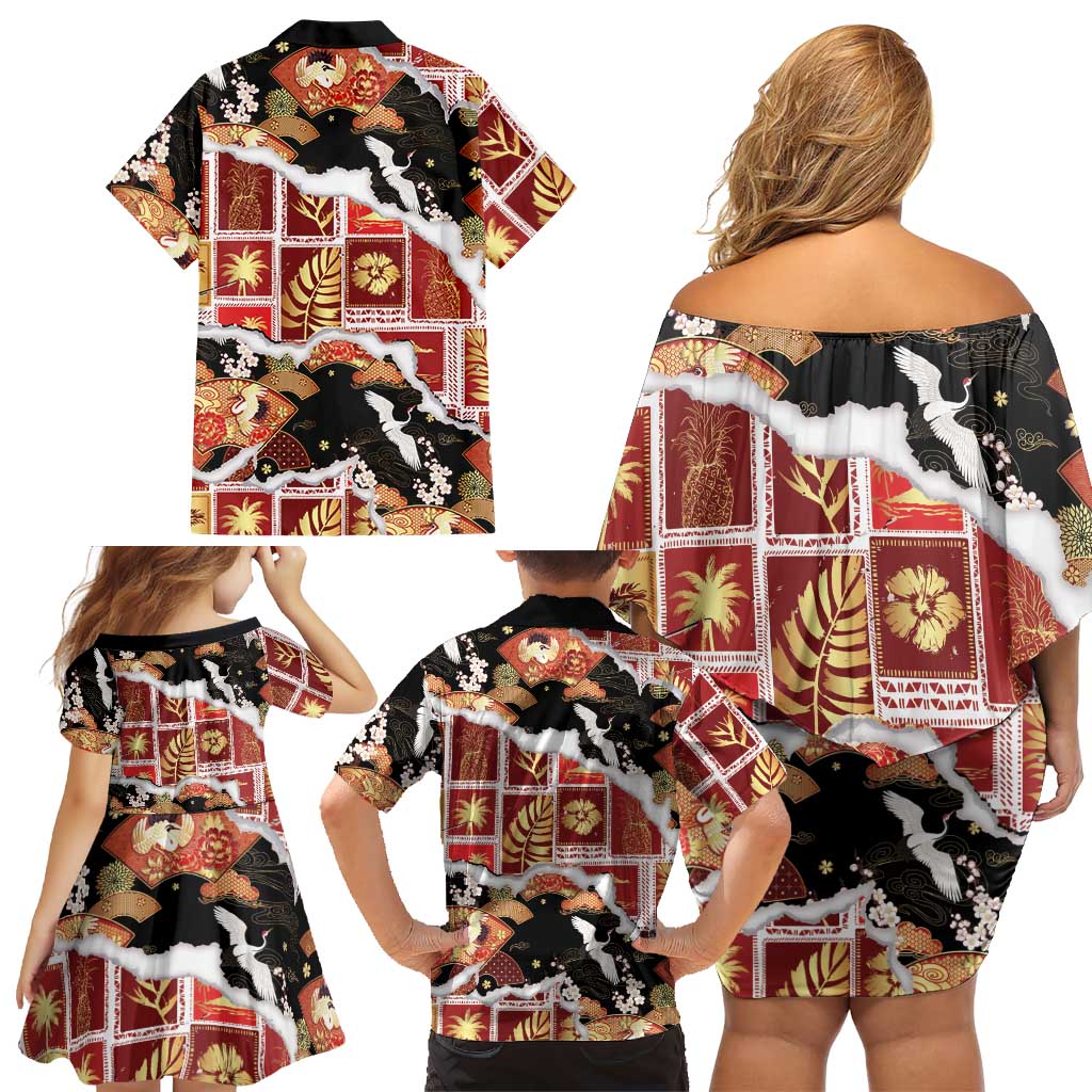 Hawaii Japanese Culture Black Family Matching Off Shoulder Short Dress and Hawaiian Shirt Spring Cranes Aloha Pattern