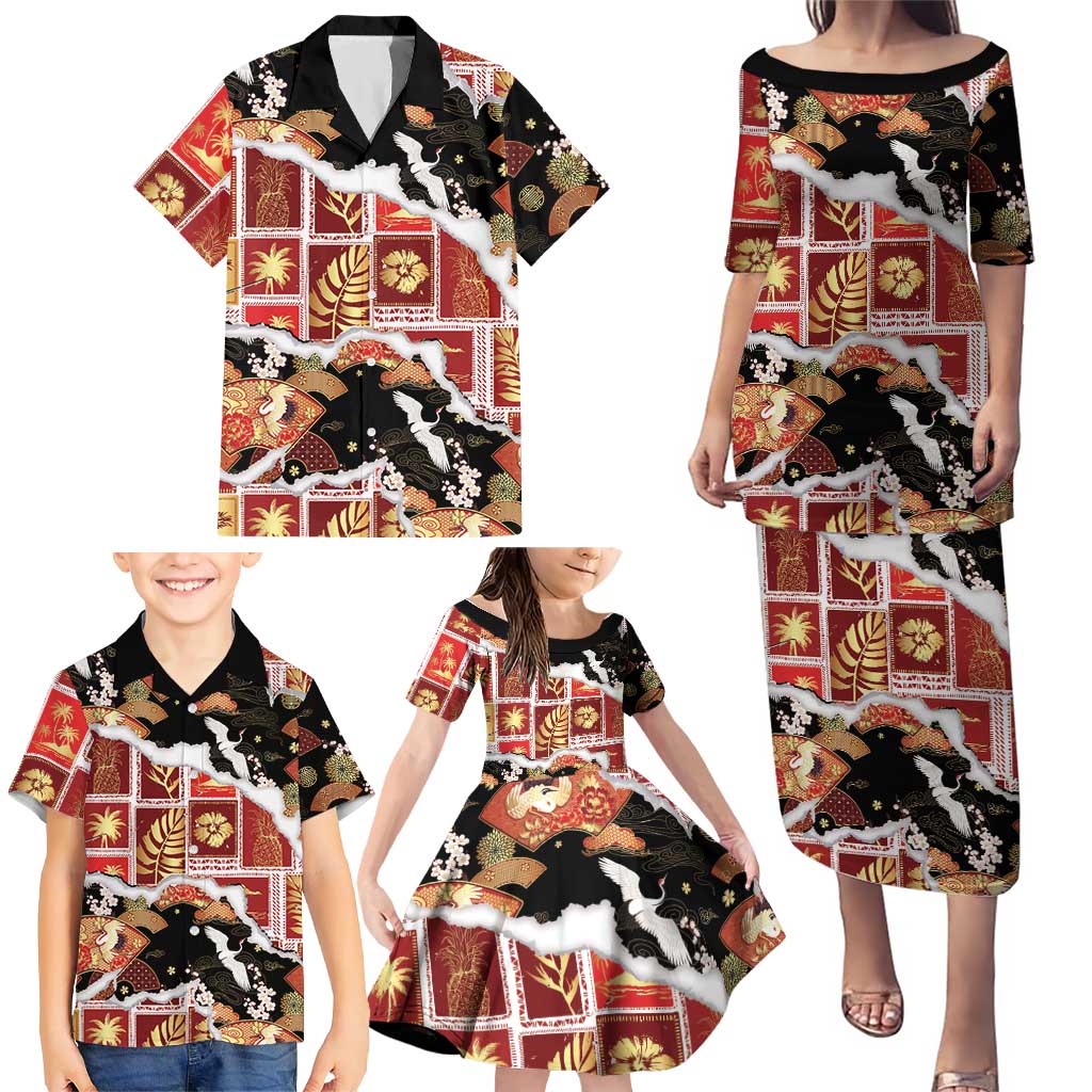 Hawaii Japanese Culture Black Family Matching Puletasi and Hawaiian Shirt Spring Cranes Aloha Pattern