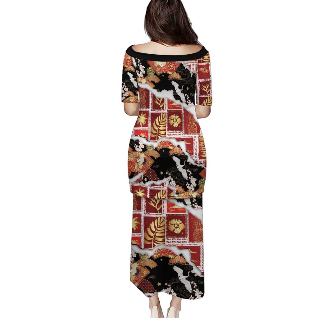 Hawaii Japanese Culture Black Family Matching Puletasi and Hawaiian Shirt Spring Cranes Aloha Pattern