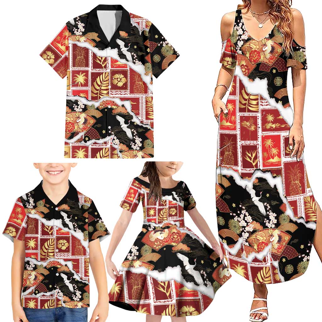 Hawaii Japanese Culture Black Family Matching Summer Maxi Dress and Hawaiian Shirt Spring Cranes Aloha Pattern LT01 - Polynesian Pride