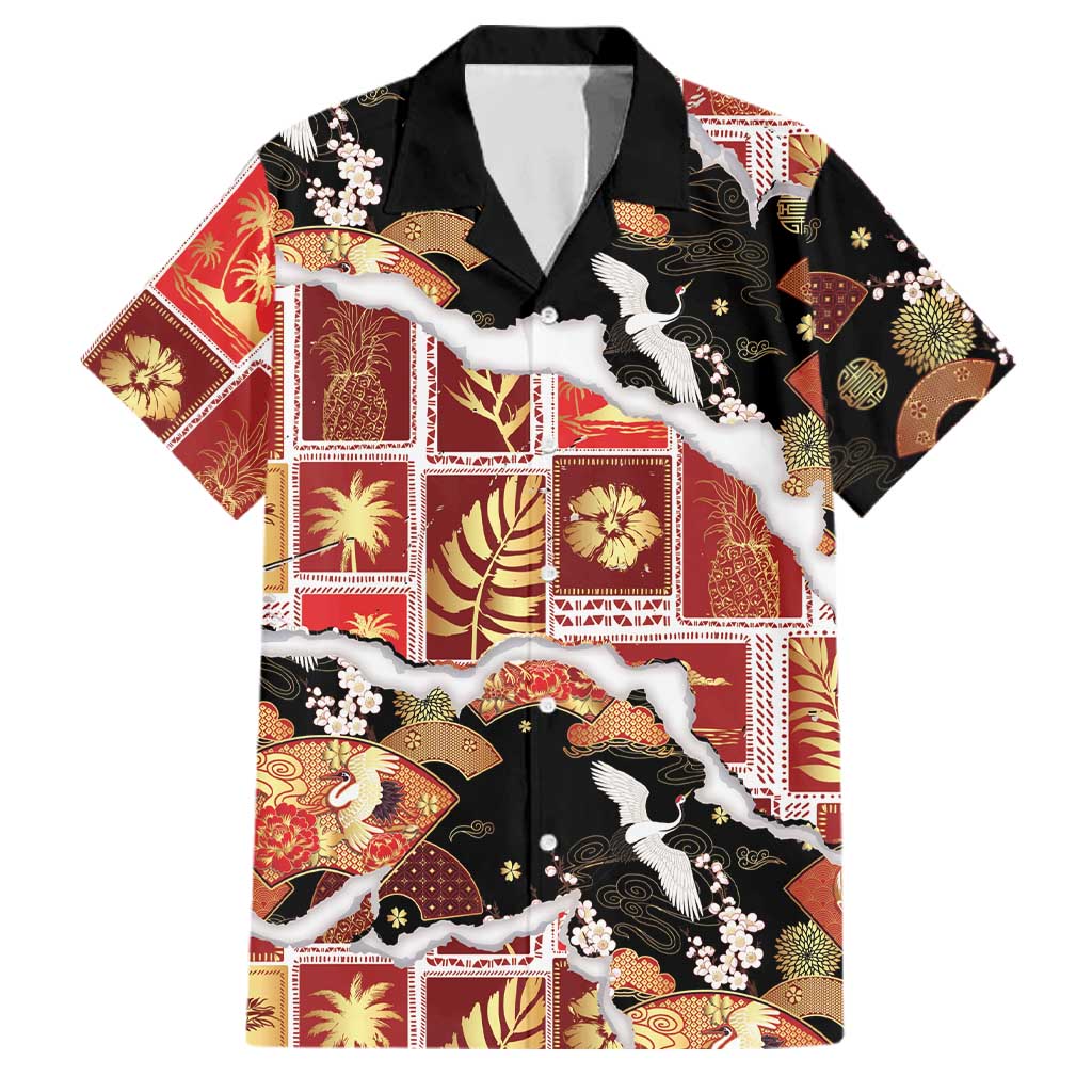 Hawaii Japanese Culture Black Family Matching Summer Maxi Dress and Hawaiian Shirt Spring Cranes Aloha Pattern