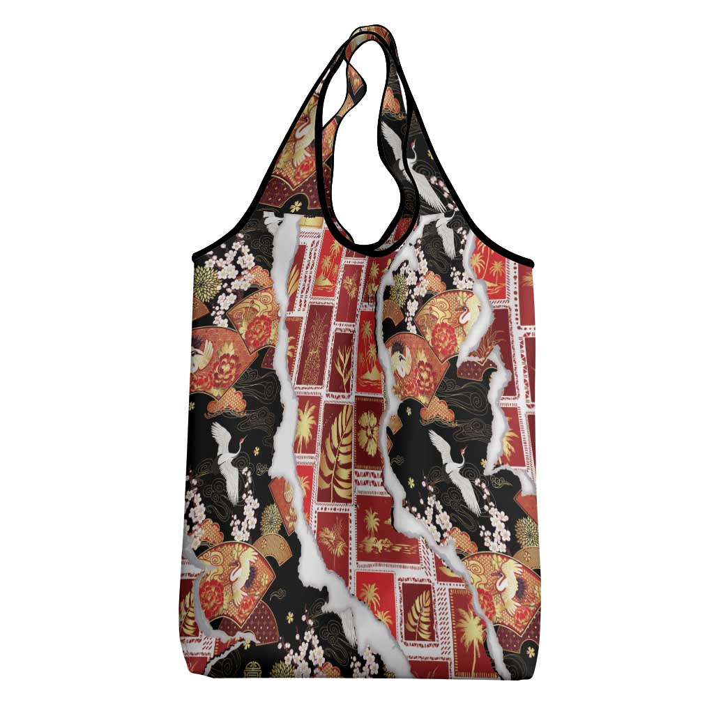 Hawaii Japanese Culture Black Grocery Bag Spring Cranes Aloha Pattern LT01 - Polynesian Pride