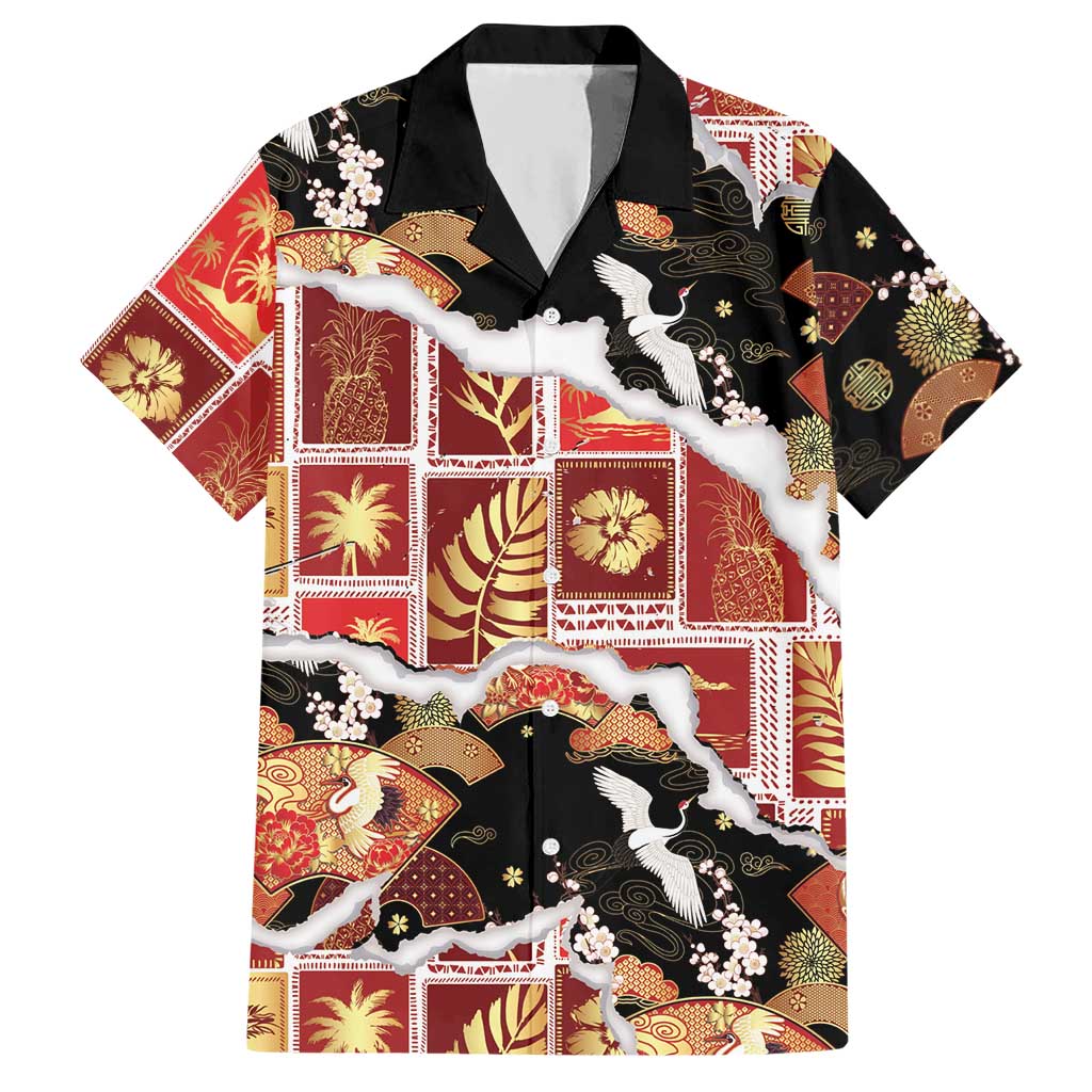 Hawaii Japanese Culture Black Hawaiian Shirt Spring Cranes Aloha Pattern LT01 Black - Polynesian Pride