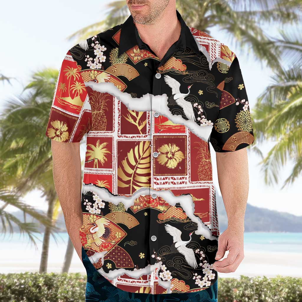 Hawaii Japanese Culture Black Hawaiian Shirt Spring Cranes Aloha Pattern LT01 - Polynesian Pride