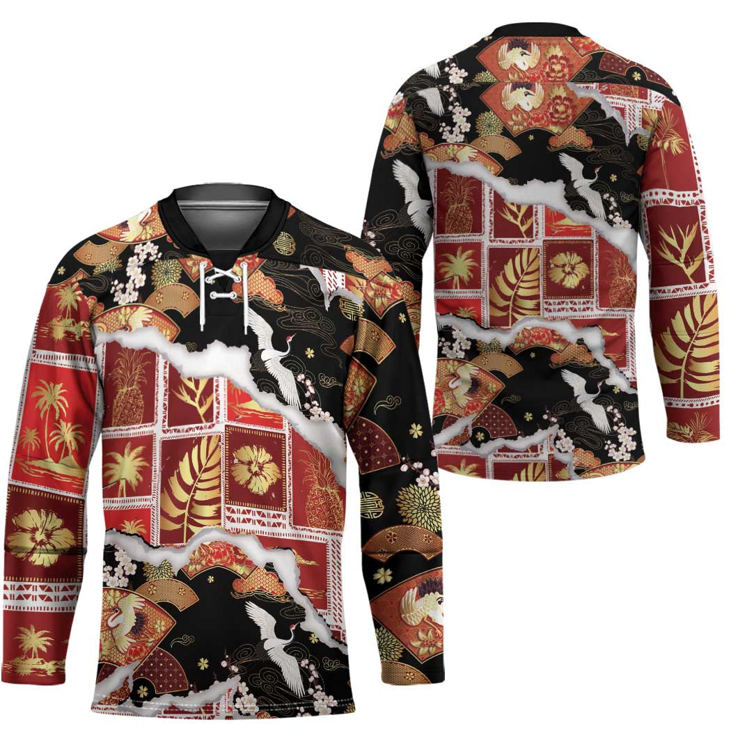 Hawaii Japanese Culture Black Hockey Jersey Spring Cranes Aloha Pattern LT01 - Polynesian Pride