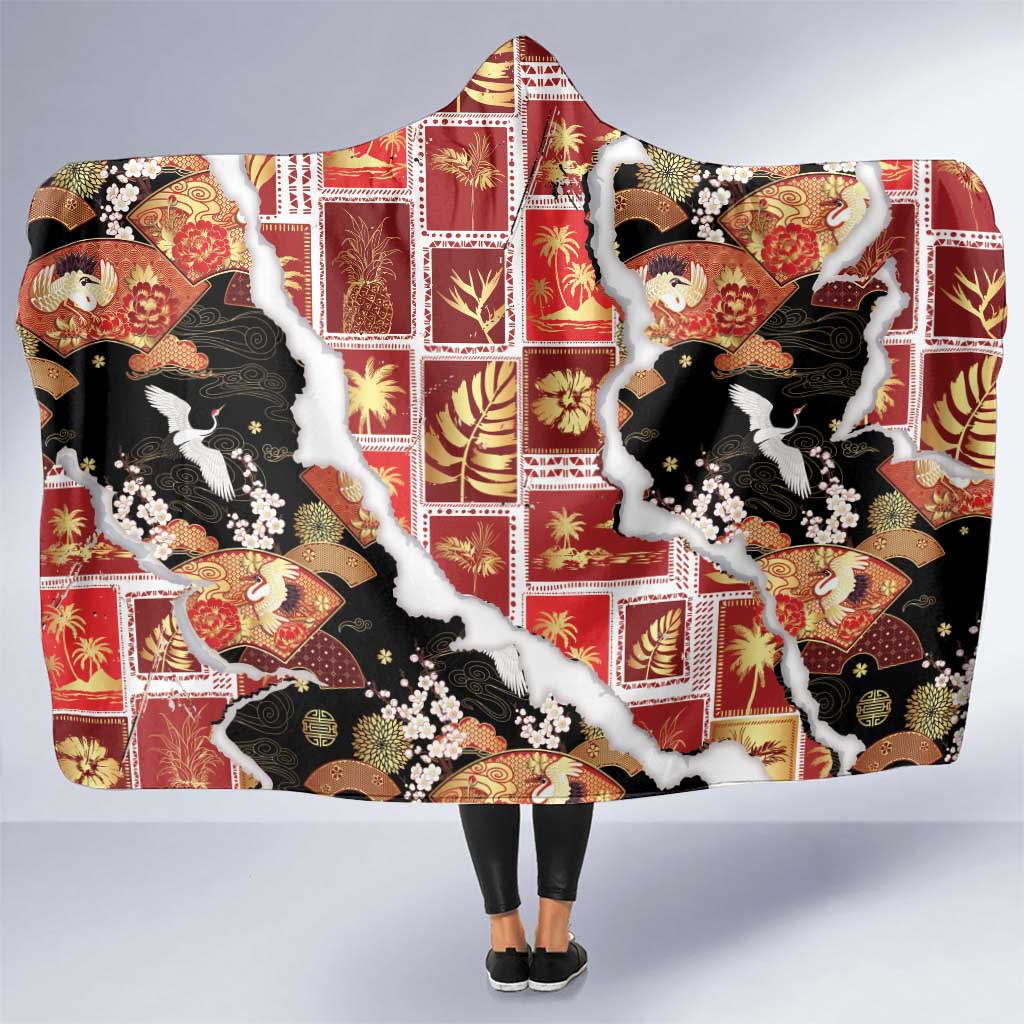 Hawaii Japanese Culture Black Hooded Blanket Spring Cranes Aloha Pattern LT01 One Size Black - Polynesian Pride