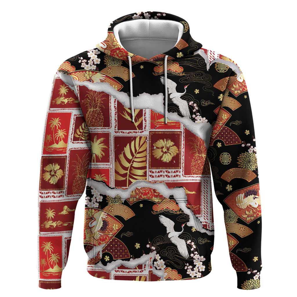 Hawaii Japanese Culture Black Hoodie Spring Cranes Aloha Pattern LT01 Pullover Hoodie Black - Polynesian Pride