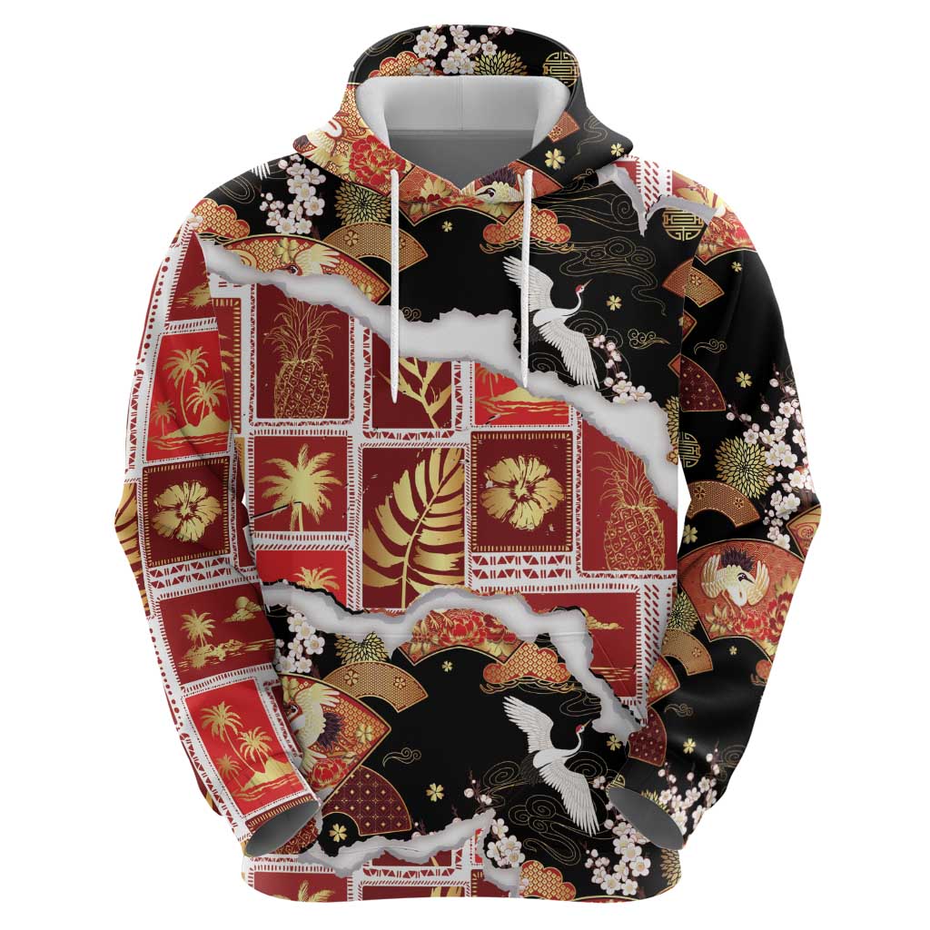 Hawaii Japanese Culture Black Hoodie Spring Cranes Aloha Pattern LT01 - Polynesian Pride