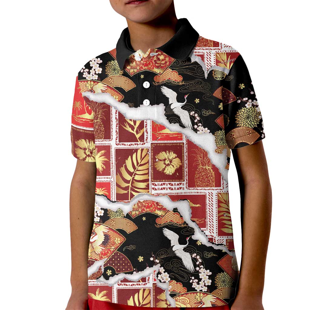 Hawaii Japanese Culture Black Kid Polo Shirt Spring Cranes Aloha Pattern LT01 Kid Black - Polynesian Pride