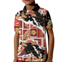 Hawaii Japanese Culture Black Kid Polo Shirt Spring Cranes Aloha Pattern LT01 Kid Black - Polynesian Pride