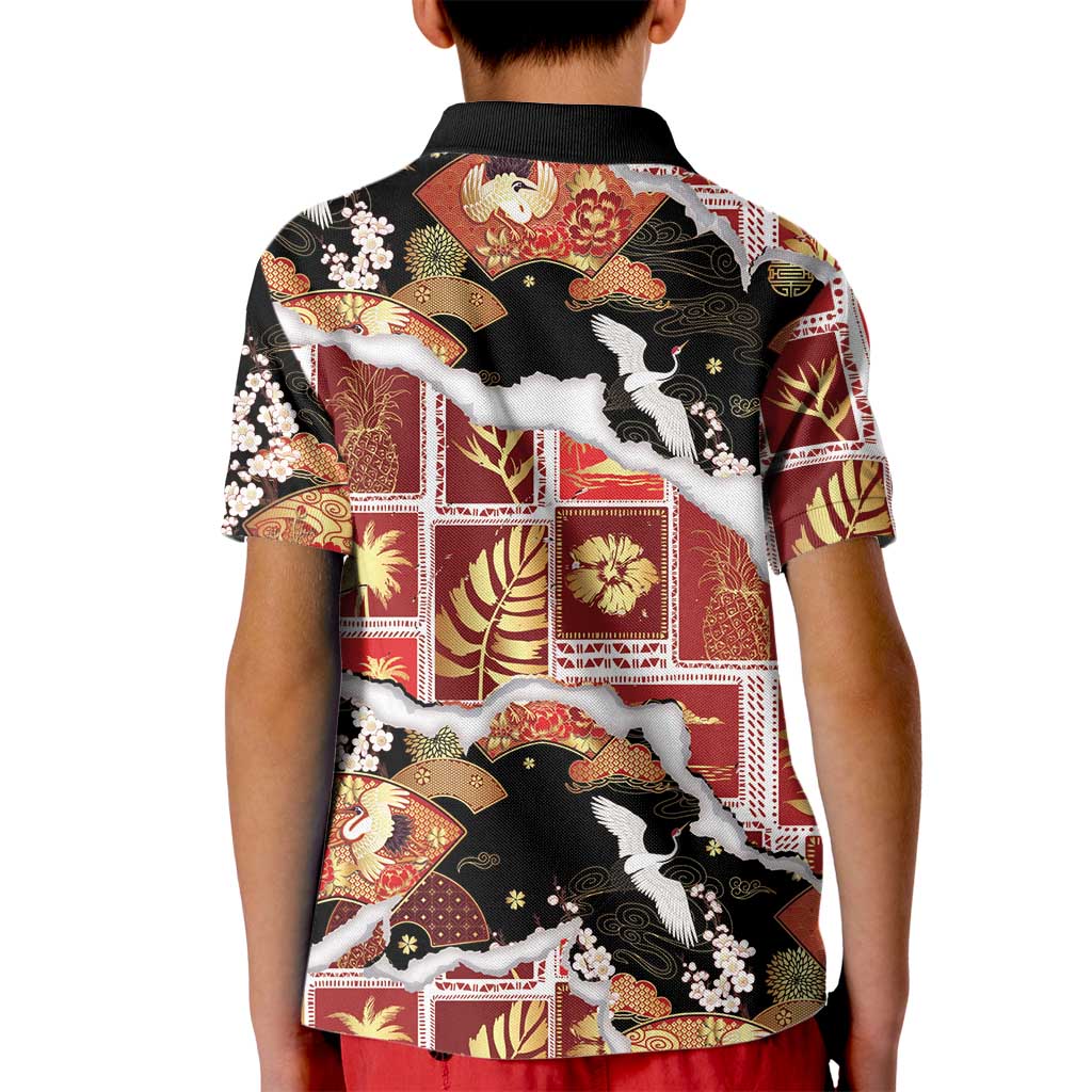Hawaii Japanese Culture Black Kid Polo Shirt Spring Cranes Aloha Pattern LT01 - Polynesian Pride