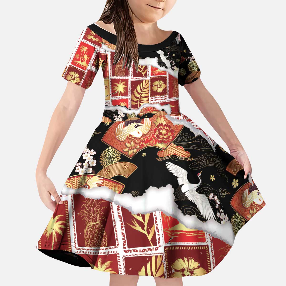 Hawaii Japanese Culture Black Kid Short Sleeve Dress Spring Cranes Aloha Pattern LT01 KID Black - Polynesian Pride