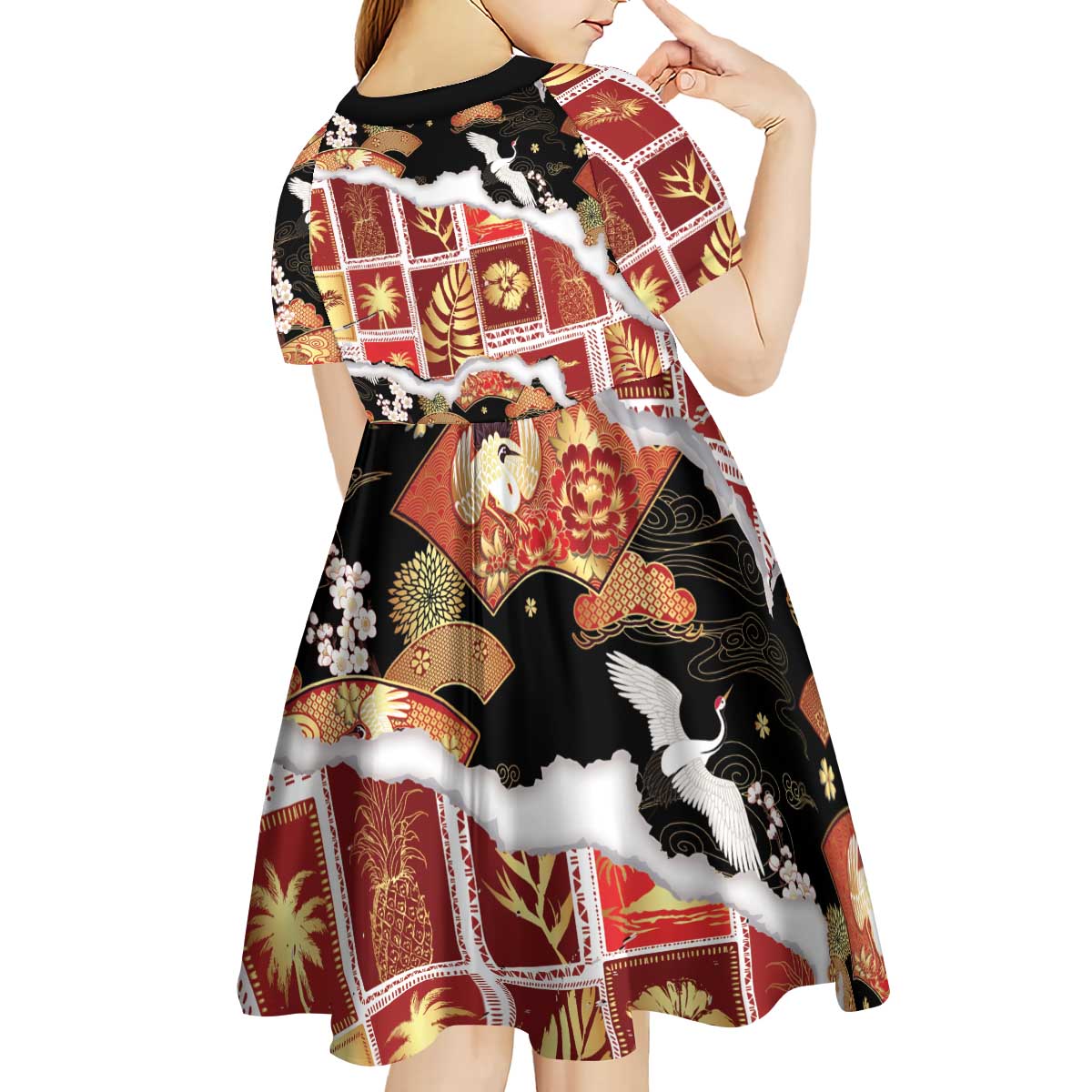 Hawaii Japanese Culture Black Kid Short Sleeve Dress Spring Cranes Aloha Pattern LT01 - Polynesian Pride