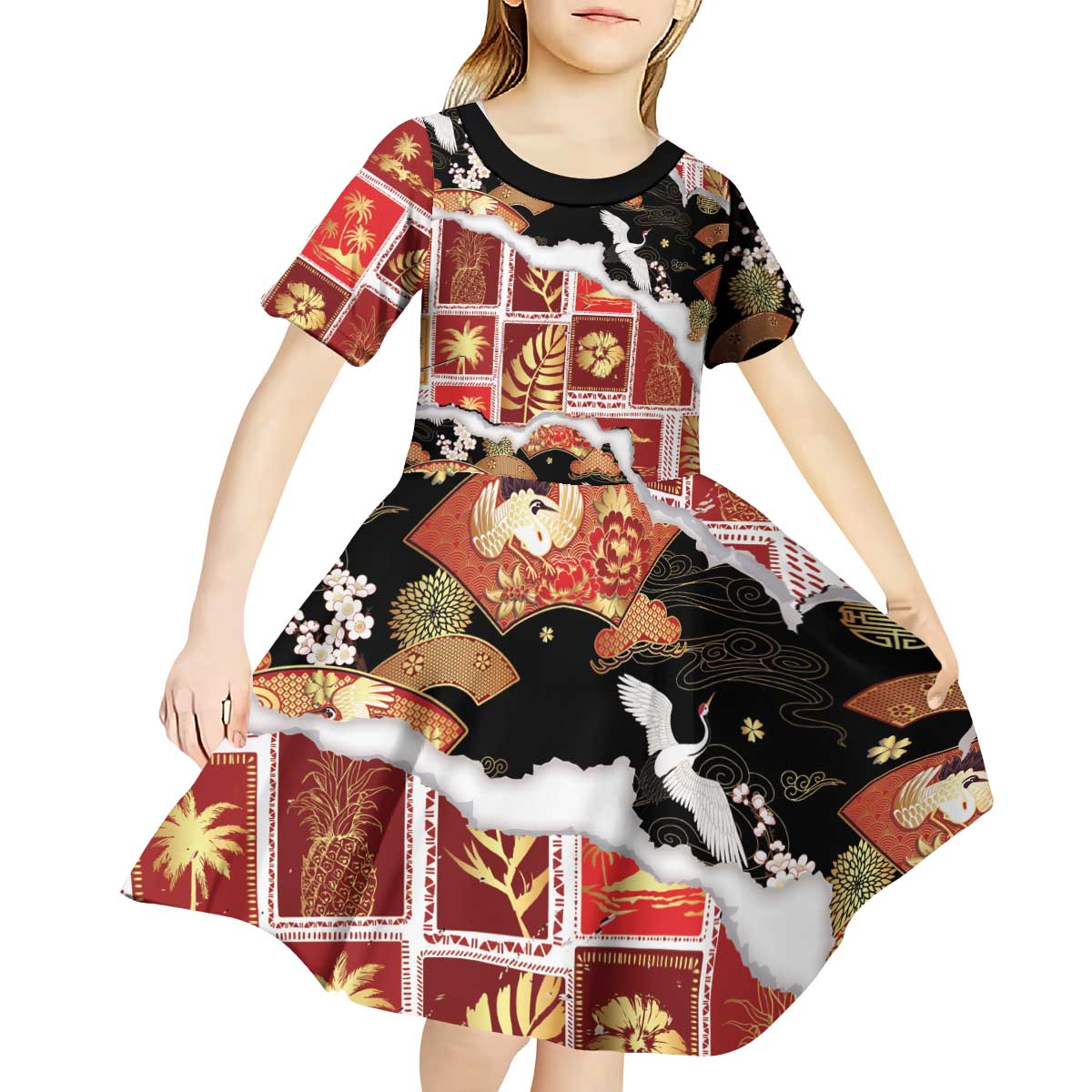 Hawaii Japanese Culture Black Kid Short Sleeve Dress Spring Cranes Aloha Pattern LT01 - Polynesian Pride