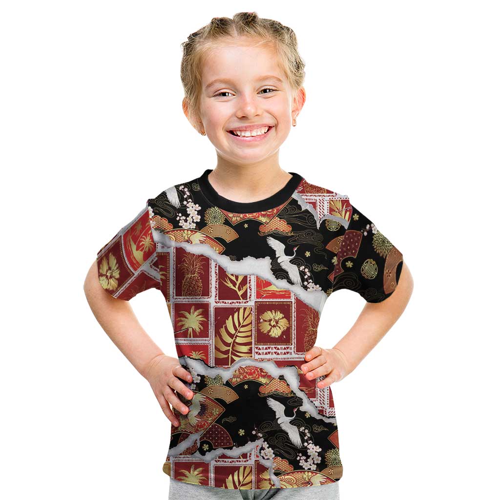 Hawaii Japanese Culture Black Kid T Shirt Spring Cranes Aloha Pattern LT01 Black - Polynesian Pride
