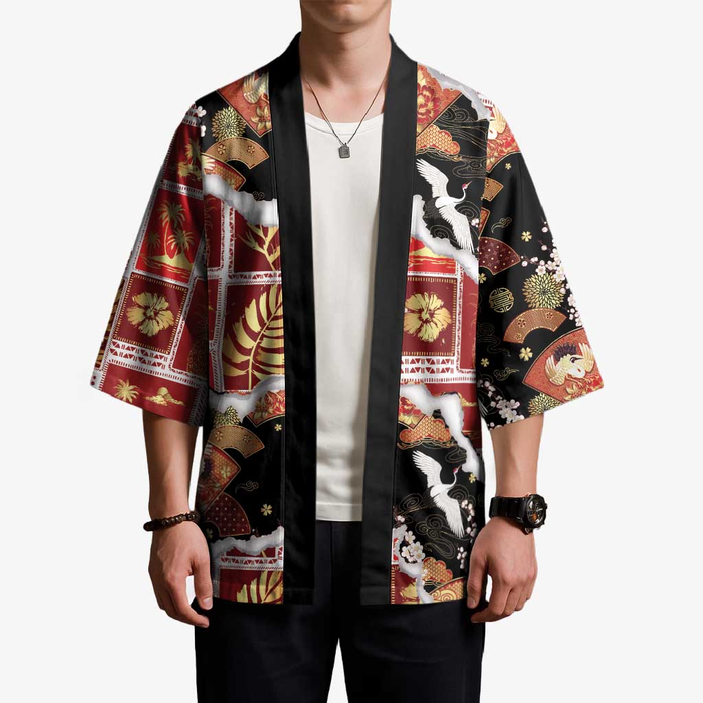 Hawaii Japanese Culture Black Kimono Spring Cranes Aloha Pattern LT01 - Polynesian Pride