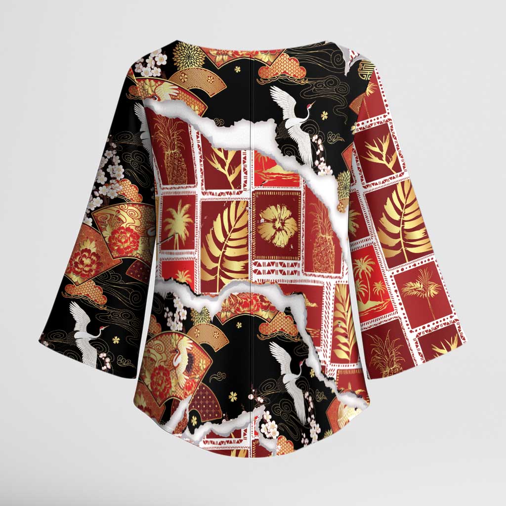 Hawaii Japanese Culture Black Kimono Sleeve Blouse Spring Cranes Aloha Pattern LT01 - Polynesian Pride