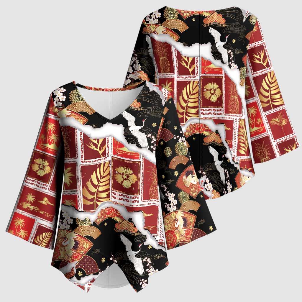 Hawaii Japanese Culture Black Kimono Sleeve Blouse Spring Cranes Aloha Pattern LT01 - Polynesian Pride