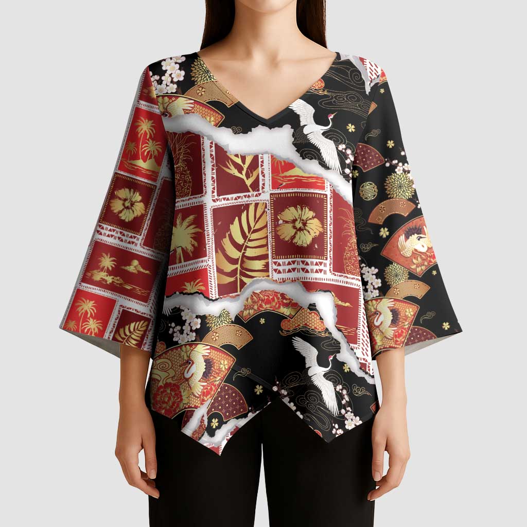 Hawaii Japanese Culture Black Kimono Sleeve Blouse Spring Cranes Aloha Pattern LT01 - Polynesian Pride