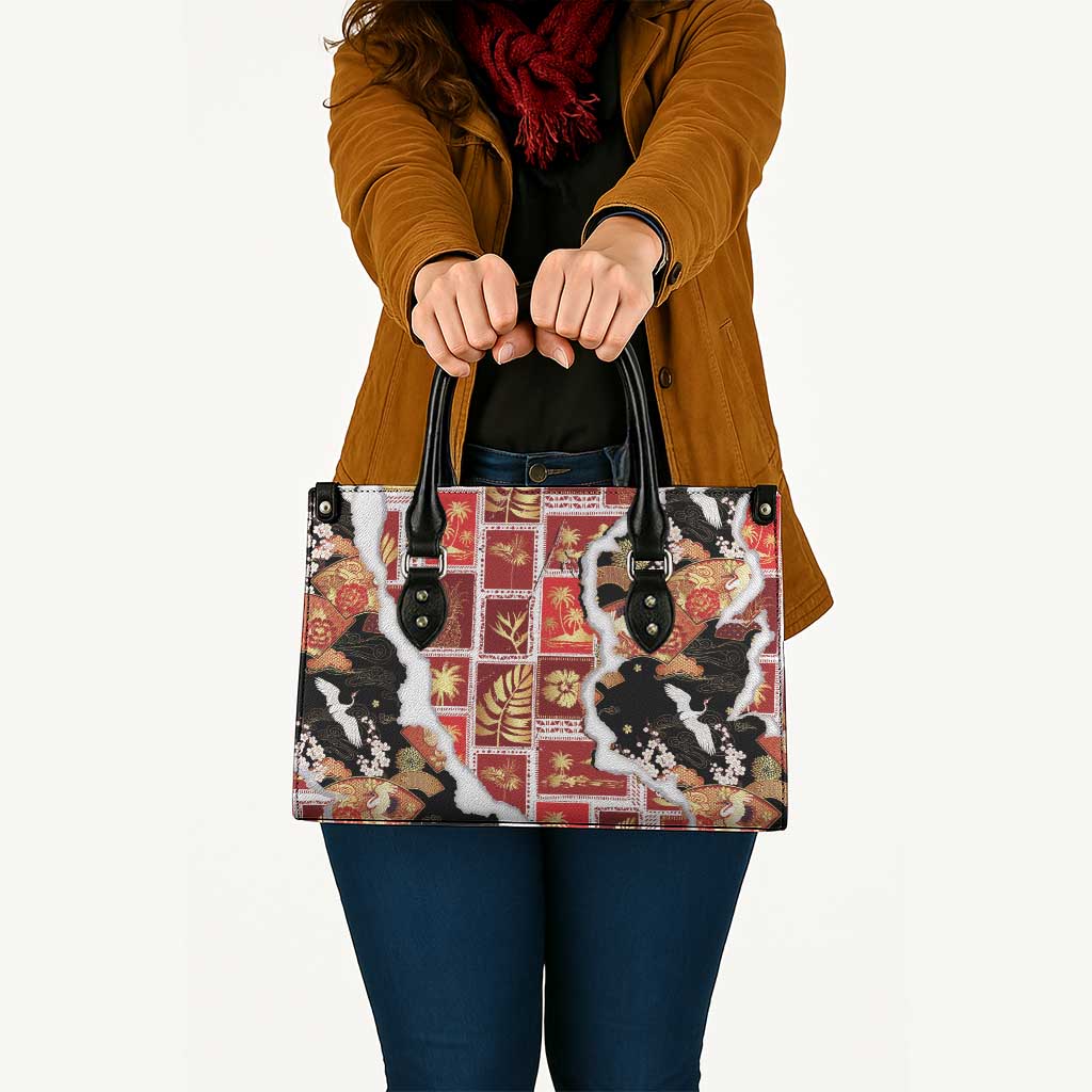 Hawaii Japanese Culture Black Leather Bag Spring Cranes Aloha Pattern LT01 - Polynesian Pride