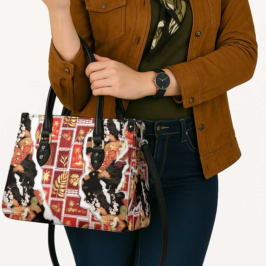 Hawaii Japanese Culture Black Leather Bag Spring Cranes Aloha Pattern LT01 - Polynesian Pride