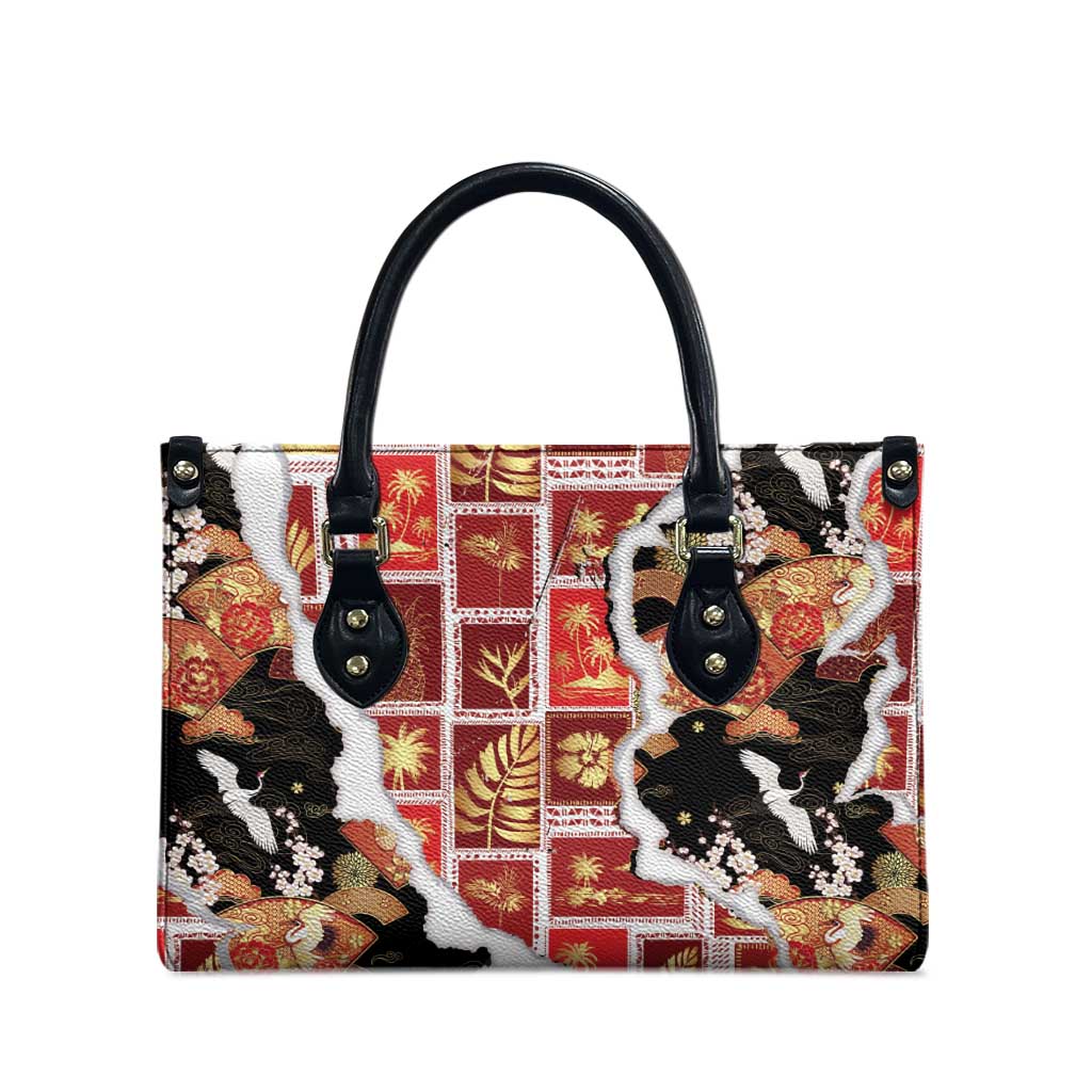 Hawaii Japanese Culture Black Leather Bag Spring Cranes Aloha Pattern LT01 - Polynesian Pride