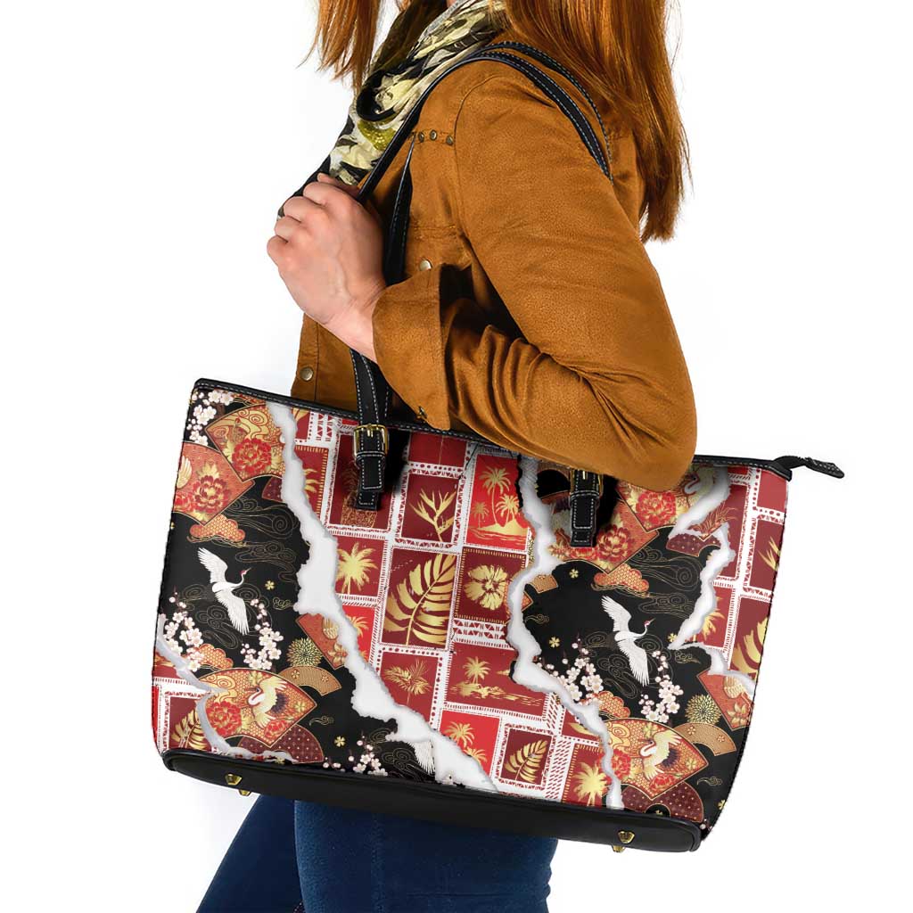 Hawaii Japanese Culture Black Leather Tote Bag Spring Cranes Aloha Pattern LT01 Black - Polynesian Pride