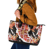 Hawaii Japanese Culture Black Leather Tote Bag Spring Cranes Aloha Pattern LT01 Black - Polynesian Pride